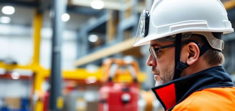 Safety officer inspecting protective equipment for workplace safety.
