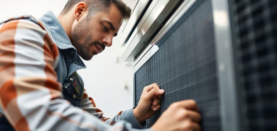 Technician repairing heating and cooling equipment in San Antonio.