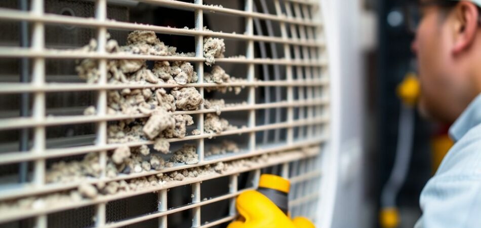 Technician inspecting an air conditioning unit for maintenance.