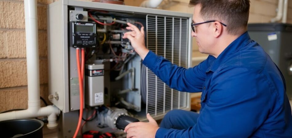 Technician inspecting HVAC system in a bright setting.